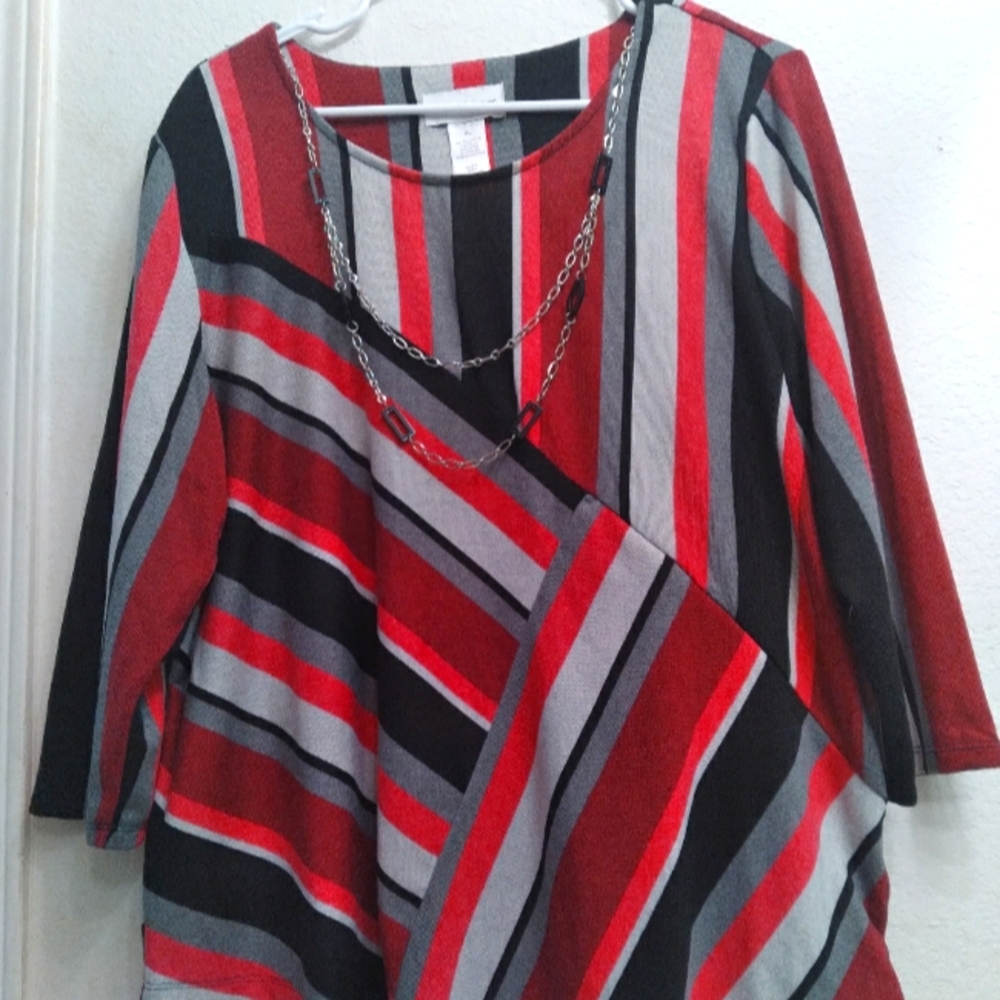 Stylish Asymmetric Striped Tunic Top Red Black Gray 3/4 Sleeve Casual Wear‎